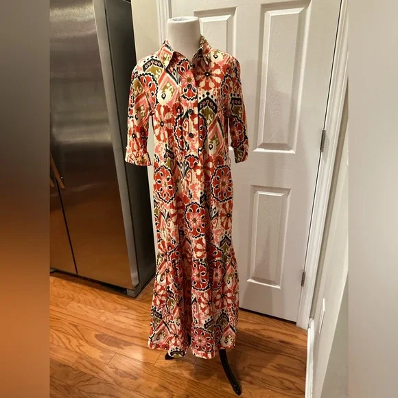 Zara Coral Rust Cream & Black Geo-Floral Maxi Shirt Dress - Picture 1 of 4
